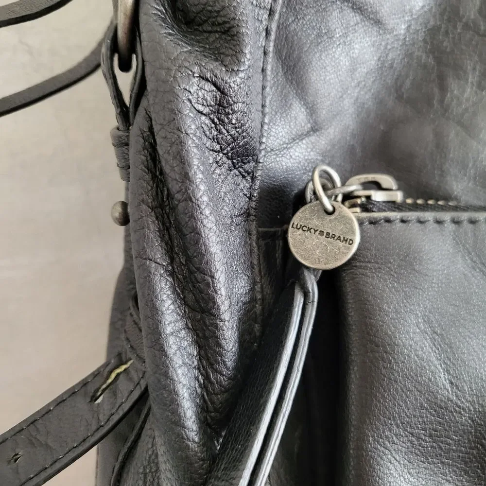 Lucky Brand Women's Black Leather Small Medium Backpack Purse Braided Hook Boho